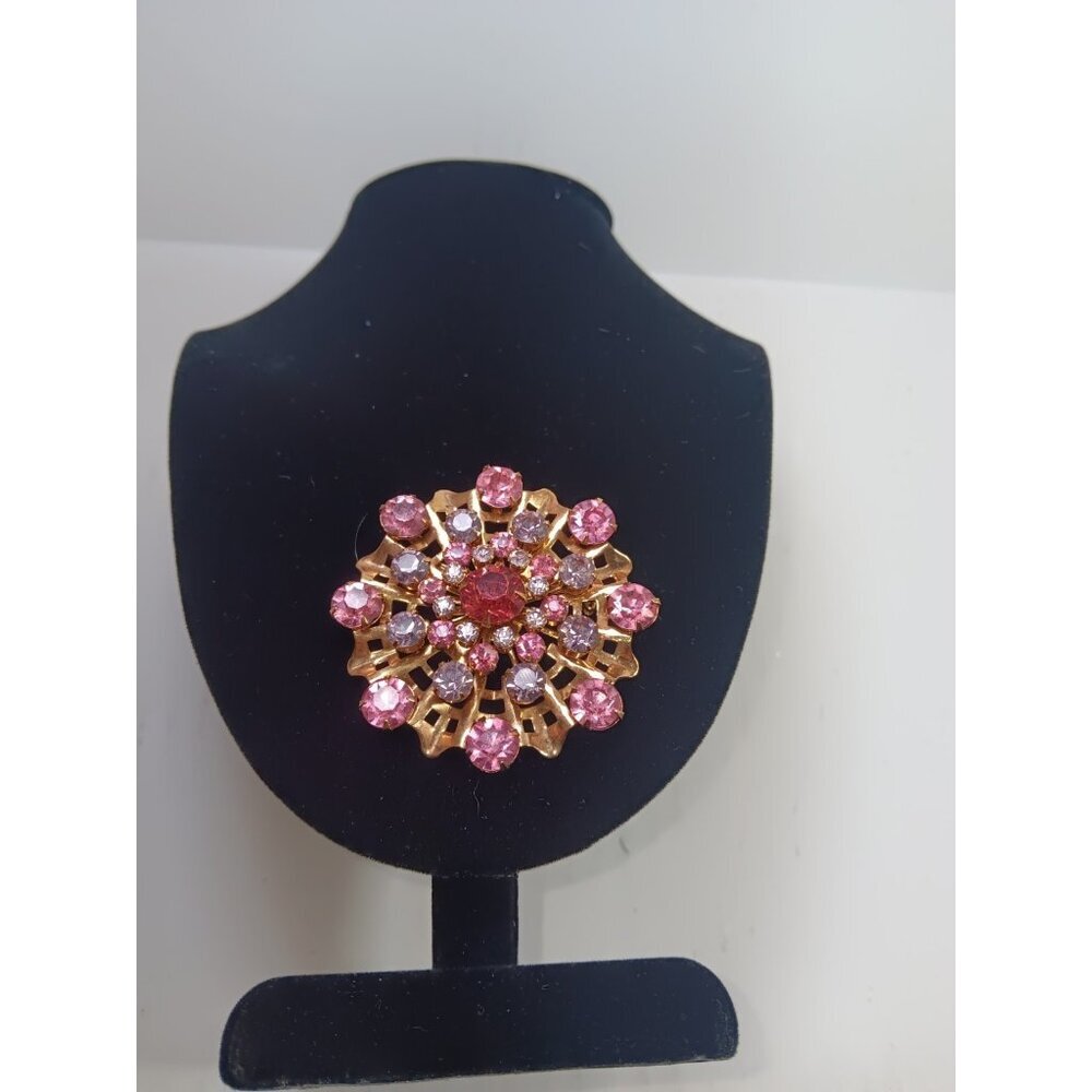Vintage Brooch Flower Tiered Pink Rhinestones Gemstones Floral 3D Gold-Tone